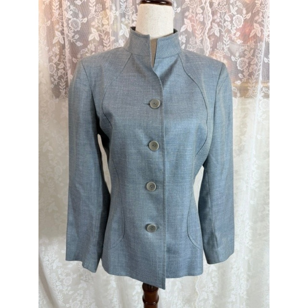 Zanella Platinum Italy Light Blue Linen Silk Wool Stand Collar Blazer Jacket 6